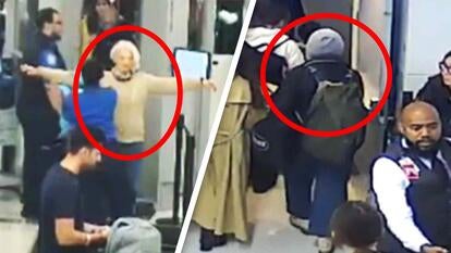 Woman being scanned by airport security / Hooded person in a group walking onto gangway 