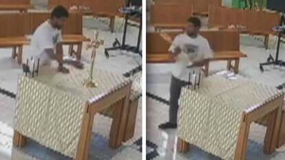 Man at altar, Man takes cross from altar