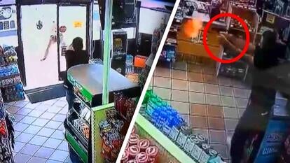 Man points gun at deputy from inside a store, man holding gun out