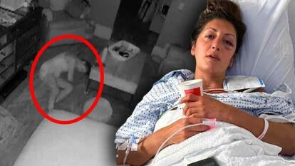 Surveillance footage of a woman laying on the floor / Woman in hospital bed with a bruised face
