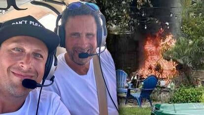 Paul Berkovitza and his son Matthew piloting / Fire with smoke in a backyard