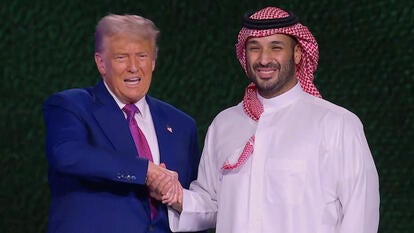 Donald Trump shakes hands with Saudi Crown Prince Mohammed bin Salman