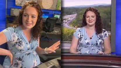 Olivia Jaquith smiling in a selfie video holding her back / Olivia Jaquith at the newsdesk on air