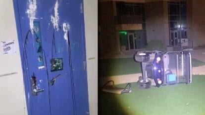 Vandalized door, overturned golfcart
