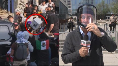 Protesters in LA handing out boxes of "bionic" face shields, Jim Moret wearing a bionic shield