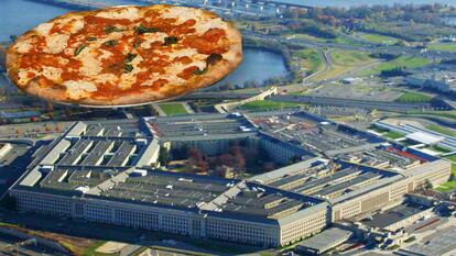 Cheese and basil pizza / Arial view of the pentagon building