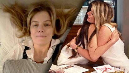 Alison Hall in a hospital bed / Alison Hall and Olivia Munn hugging