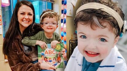 Beth Leipholtz and her son Cooper holding a book / Close up of Cooper with bright blue eyes wearing cochlear implants