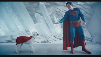 Scene from the 2025 "Superman" film, depicting Superman and his dog, Krypto