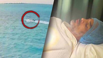 Red circle over a boat driving fast in the ocean / Man prepped for surgery 