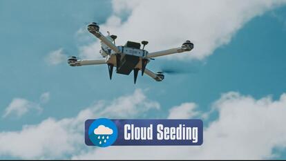 A flying drone against a cloudy sky, the phrase "cloud seeding" under it