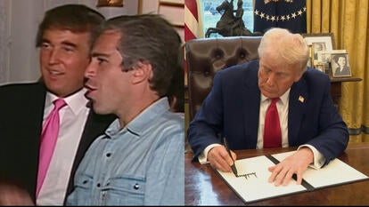 Donald Trump and Jeffrey Epstein together in the 1990s; Trump signing a document in the Oval Office