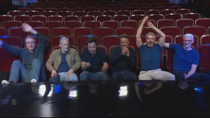 from left, John Oliver, Jon Stewart, Jimmy Fallon, Seth Meyers, Andy Cohen, Anderson Cooper