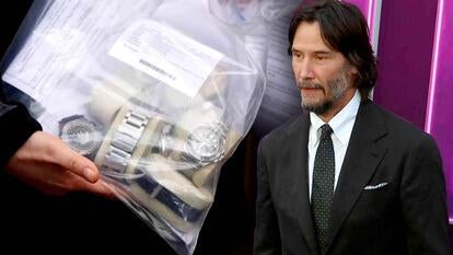 Evidence bag full of expensive watches / Keanu Reeves at a red carpet event