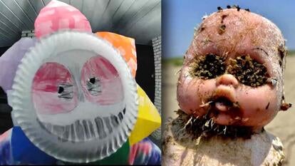 Surveillance of a person wearing a mask made out of paper plates / A babydoll that has been taken over by barnicles 