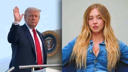 President Donald Trump waving / Sydney Sweeny in American Eagle ad