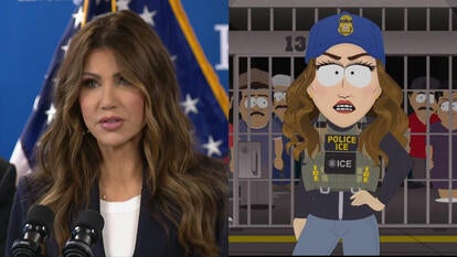 Kristi Noem in real life and as animated on 'South Park'