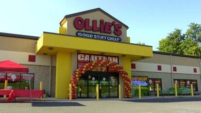 Exterior shot of a large Ollie's storefront 