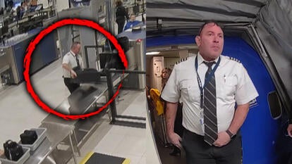 Airline pilot David Allsop going through airport security, pulled off flight by police