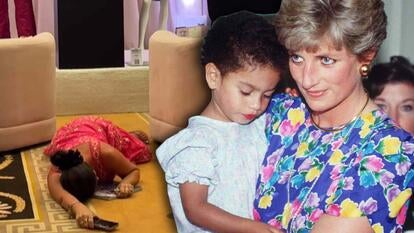 Woman collapsed on floor / Diana wearing a colorful dress