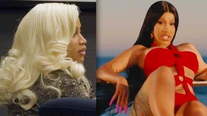 Cardi B with blonde hair sitting in court / Cardi B in a red bodysuit in her music video