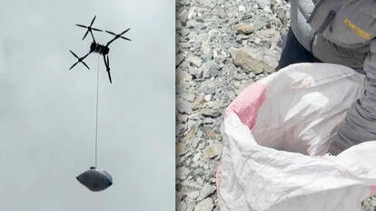 Drone carrying bundle, man's arm in trash bag