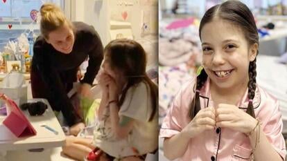11-Year-Old Girl on iPad with nurse / 11-Year-Old Girl smiling to camera and making a heart shape with her hands