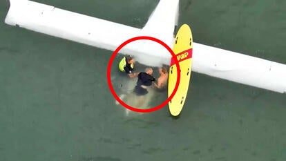 Birds eye view of a plane submerged in water as 2 rescuers hold a man above water