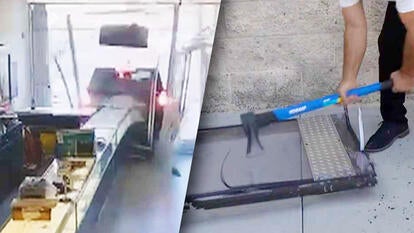 Car driving through glass storefront / Axe hitting an unbreakable glass pane