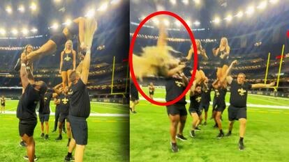 Two cheerleaders lifting another cheerleader / Cheerleaders swinging another cheerleader but one has let go