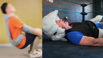 Person wearing S-Airbag demonstrating, INSIDE EDITION's Steven Fabian on the floor of a boxing ring wearing a deployed S-Airbag