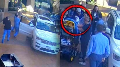 Hospital personnel running toward a white car / Hospital personnel putting the new mother and baby on gurney 