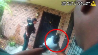 Officers pointing guns at a door while standing on a porch