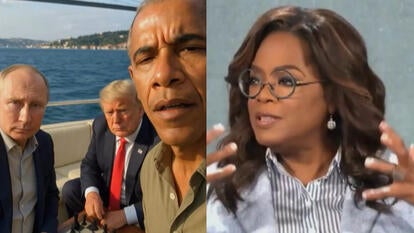 AI-generated image of Barack Obama, Donald Trump, Vladimir Putin together on a boat; AI-generated image of Oprah Winfrey
