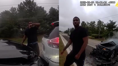 Man standing between cars after collision, man walks away from car accident