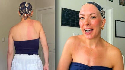 Woman stands with her back to camera, one shoulder higher than the other / Woman speaking to camera with one shoulder higher than the other