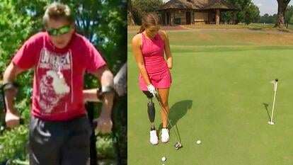 Teen using arm crutches to walk / Teen golfing with one arm and a prosthetic leg