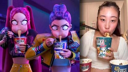 Clip from K Pop Demon Hunters animated film / Tiktok creator doing the ramen challenge