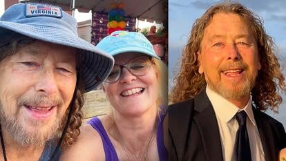 Derek and Joyce D'Arcy smiling in a selfie / Derek D'Arcy in a suit