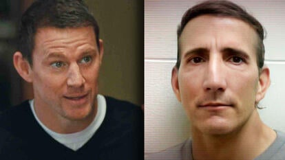 Channing Tatum in 'Roofman' / mugshot of Jeffrey Manchester