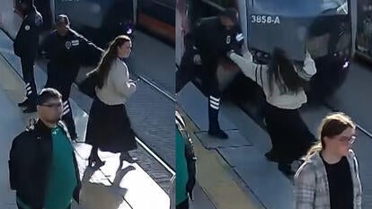 split screen image of before and after woman is nearly hit by tram