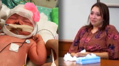 Newborn with a bandaged head and breathing tubes / Mother crying in court