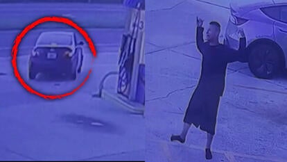 Gas station security video of stolen car, car thief after returning car moments later