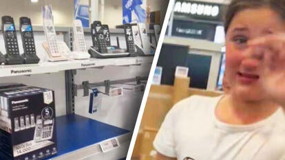 Landline phones displayed on a store shelf / Upset young girl wiping her eyes 