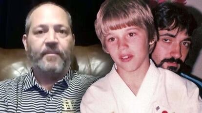 Jody Plauche as ana adult / Jody Plauche as a child wearing a karate uniform with Jeff Doucet standing behind him
