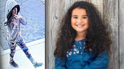 Security footage of Melodee Buzzard in a gray hoodie and leggings / Photo of Melodee Buzzard smiling