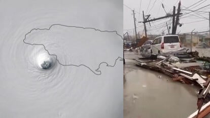 Split screen of satellite image of eye of Hurricane Melissa touching Jamaica/post-storm flooded street in Jamaica