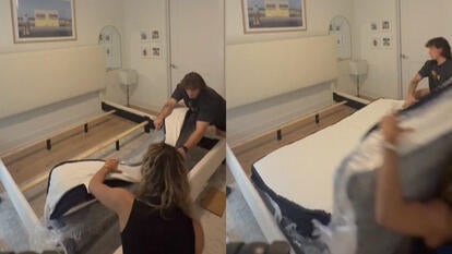 Before and after two people open a vacuum-sealed mattress that pops open