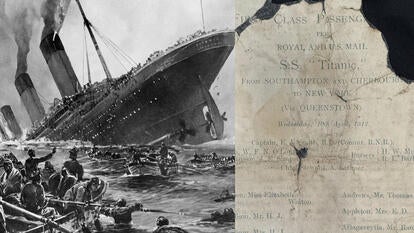 rendering of the sinking of the Titanic, damaged first class passenger list up for auction