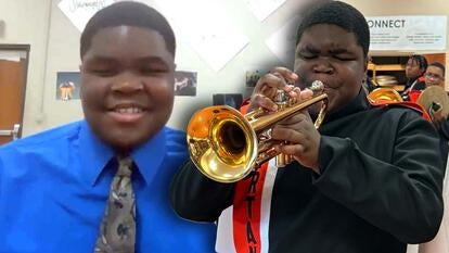 Jeremiah Coleman smiling in interview / Jeremiah Coleman playing trumpet in marching band uniform